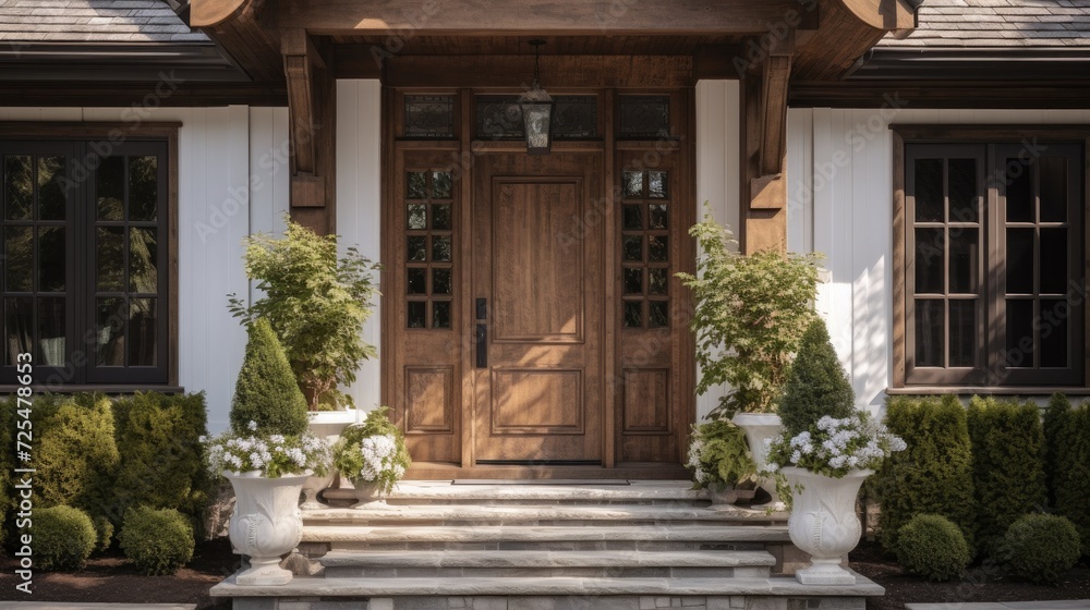 Main entrance door in house. Wooden front door with gabled porch and landing. Exterior of georgian style home cottage with white columns and stone cladding