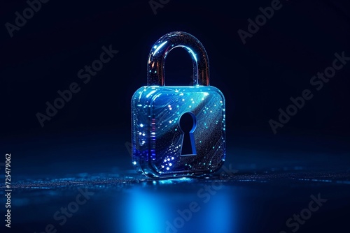 A digital padlock on a dark blue backdrop symbolizes robust cyber security, emphasizing fraud prevention and the safeguarding of private data networks.