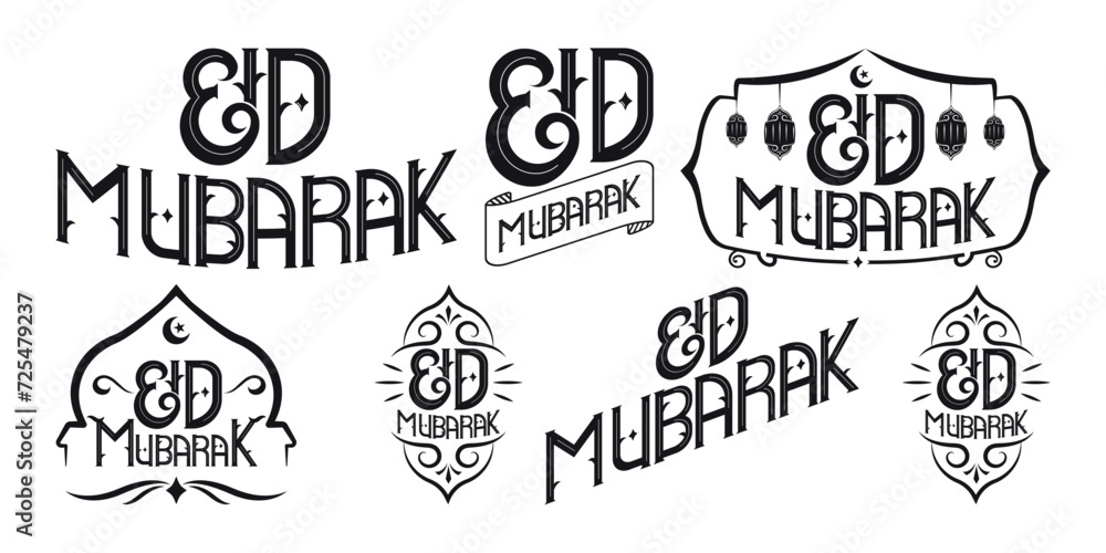 Eid Mubarak handwritten lettering set. Vector calligraphy with mosque isolated on a white background for your design