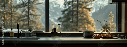 modern kitchen with windows seen towards the forest and mountaintops  Generative AI