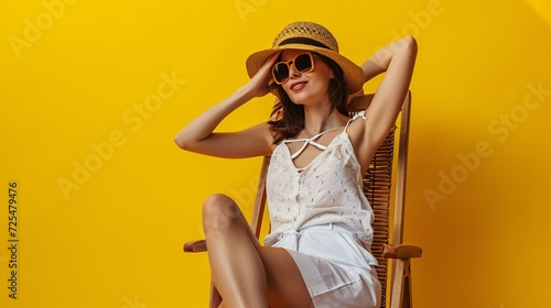 A youthful serene woman in summery attire lounges in a deckchair with her hands behind her neck against a solid yellow backdrop, representing the idea of a peaceful vacation abroad. photo