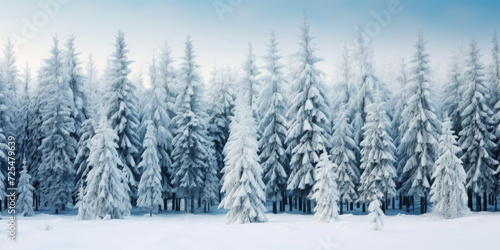 Wide background landscape with rows of pine trees covered in snow. Generative AI