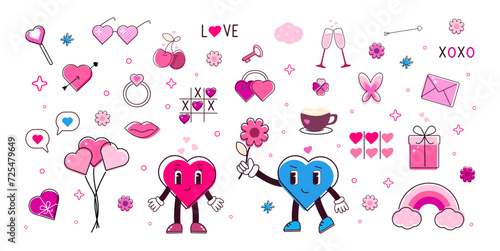 Set Valentines day. Lovely heart.  Wedding and love concept.  Heart characters and elements. Romantic element — hearts, gift, envelope, lips, balloons, ring, butterfly, tic tac toe, rainbow, cherry, g
