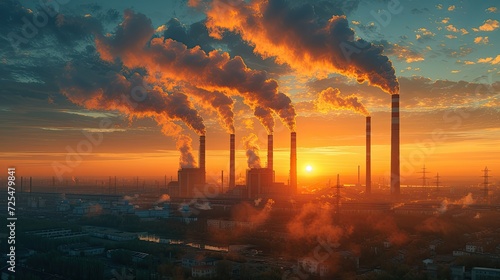 Industrial landscape with towering smokestacks releasing plumes of smoke into the orange-tinted sky at sunset, symbolizing environmental impact.