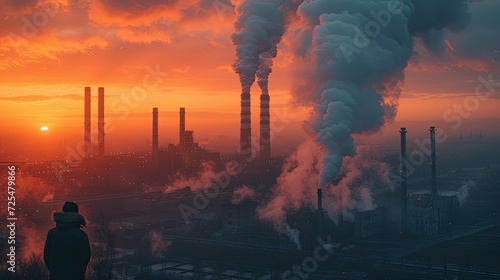 Industrial landscape with towering smokestacks releasing plumes of smoke into the orange-tinted sky at sunset, symbolizing environmental impact. photo