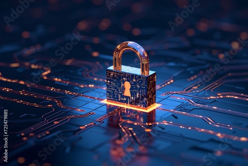 A digital padlock on a dark blue backdrop symbolizes robust cyber security, emphasizing fraud prevention and the safeguarding of private data networks. photo