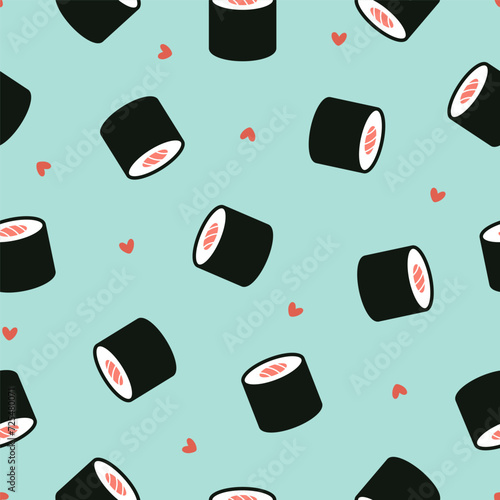 Blue seamless pattern with sushi rolls and hearts
