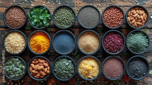 Top view of various superfoods in wooden bowls on a dark table, showcasing a range of healthy seeds, nuts, and grains.