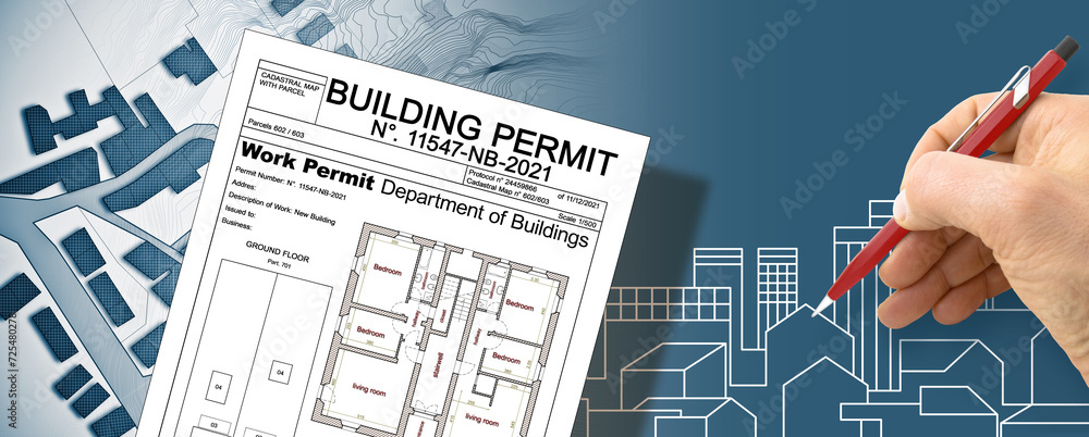 Building Permit concept with imaginary General Urban Plan and cadastral ...