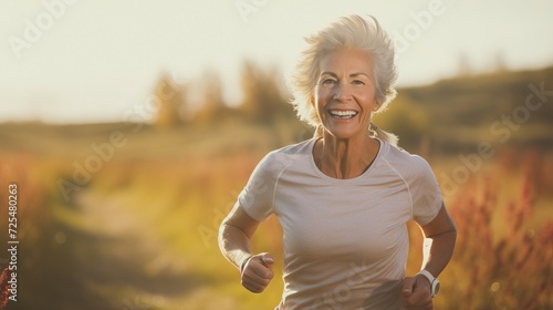 Mature Woman Jogging in Nature: Evening Sun Rays