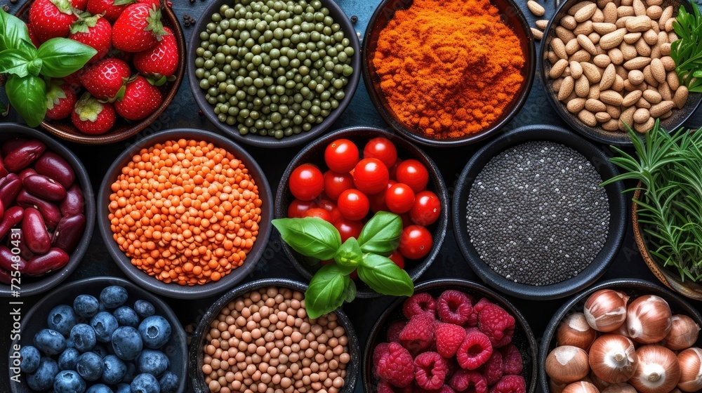 Top view of various superfoods in wooden bowls on a dark table, showcasing a range of healthy seeds, nuts, and grains. Top view of various superfoods in wooden bowls on a dark table, showcasing a range of healthy seeds, nuts, and grains.