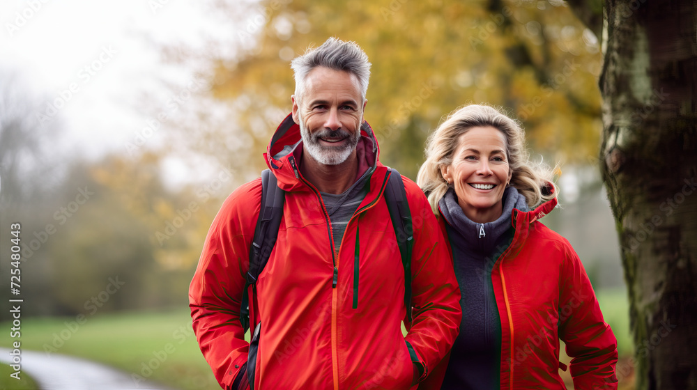Athletic Middle-Aged Couple Walking: Red Sports Jackets
