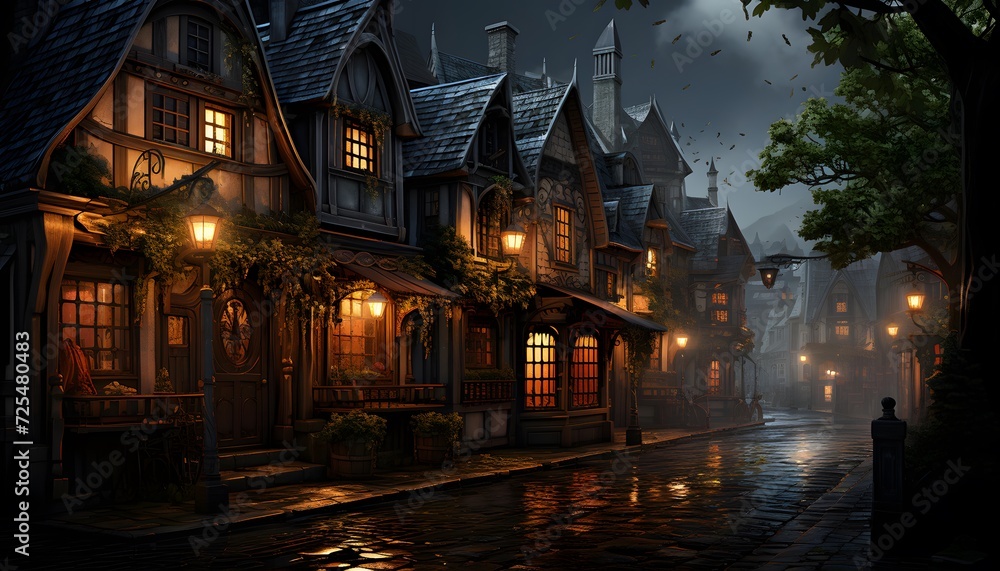 Houses in the fog at night in the city, 3d render
