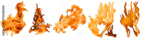 A set of five flame isolates of burning wood. Raging orange flames of fire. Isolate.