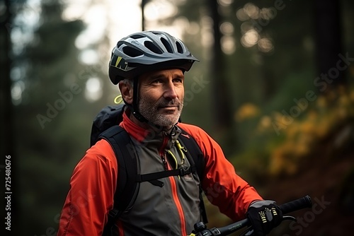 Portrait of senior man with mountain bike standing in the forest.