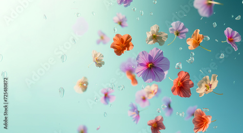 Water drops and colorful flowers levitate in the air.