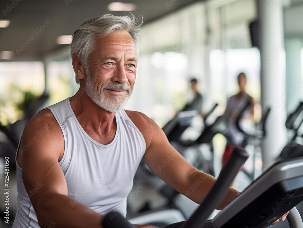Man in his 60's on exercise bike at gym Man in his 60's on exercise bike at gym