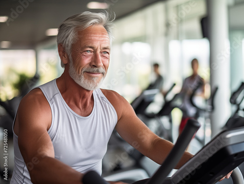 Man in his 60's on exercise bike at gym