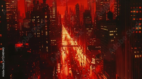 Cityscape at twilight, with skyscrapers bathed in warm, vibrant red light from street lamps and glowing signs.