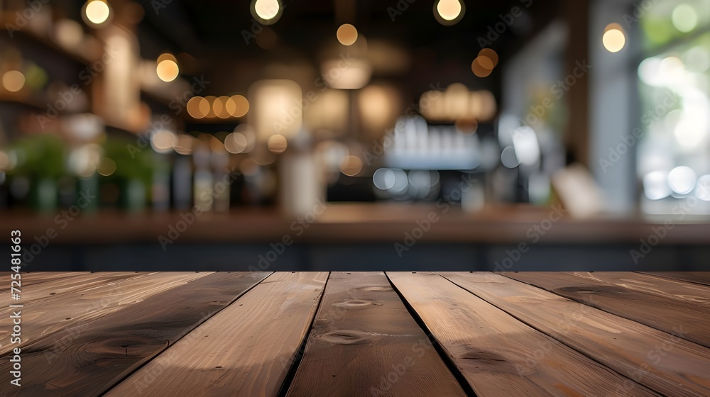 Empty wooden table top with blurred coffee shop