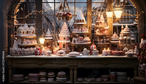 A lot of different cakes on display in a shop window in winter