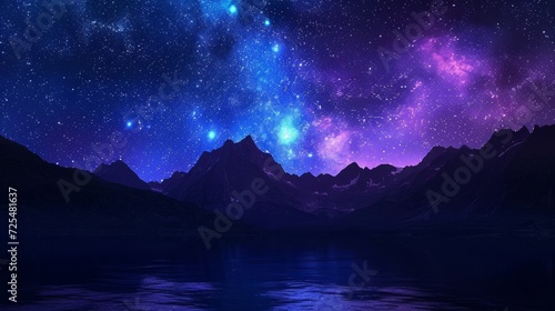Vast, star-studded night sky, with the silhouette of majestic mountains framing the cosmic display. The image uses deep blues and purples. Milky way over the mountains in the evening.  © Oskar Reschke