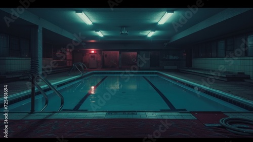 1989, photorealistic, old 90s swimmingpool, scary atmosphere, playground, dimly lit, cozy carpet, dark atmosphere, in the style of marco_t1d_liminal, minimalistic,photographed by sean tucker    photo
