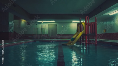1989, photorealistic, old 90s swimmingpool, scary atmosphere, playground, dimly lit, cozy carpet, dark atmosphere, in the style of marco_t1d_liminal, minimalistic,photographed by sean tucker    photo