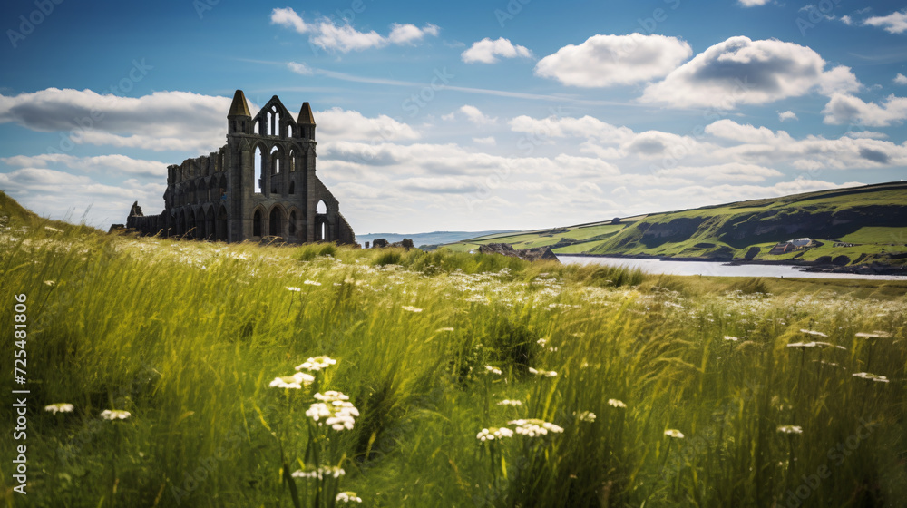 Whitby abbey on grassy land - obrazy, fototapety, plakaty 
