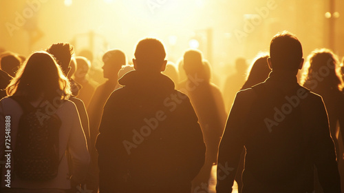 Sunset silhouette of people in city 