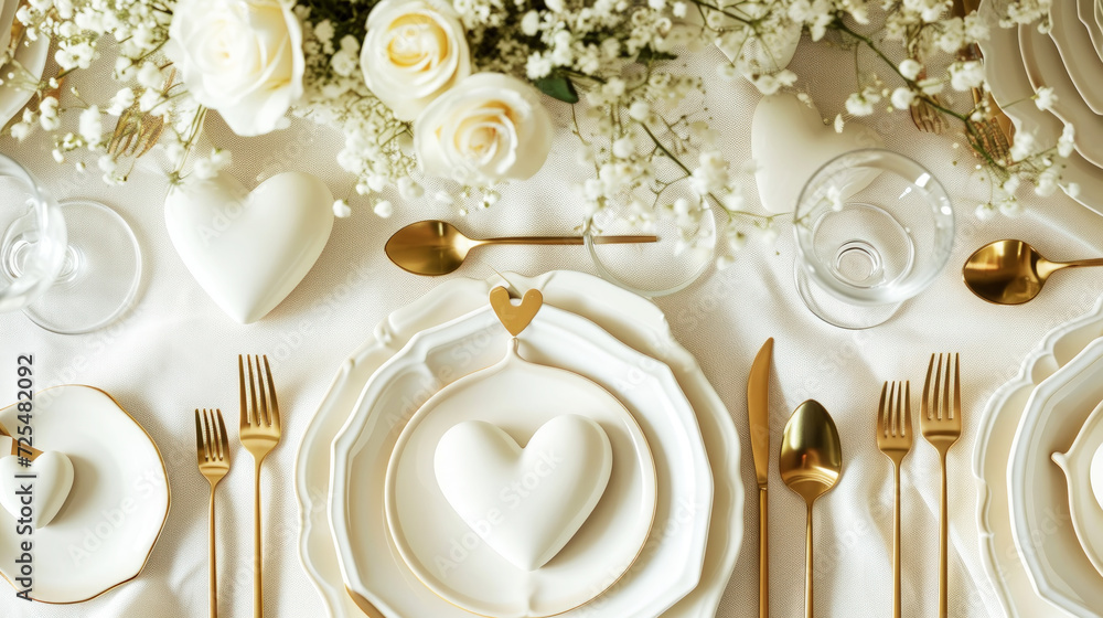 Aesthetically decorated table with heart-shaped plates and gold cutlery. Festive concept. Top view. Generative AI Aesthetically decorated table with heart-shaped plates and gold cutlery. Festive concept. Top view. Generative AI