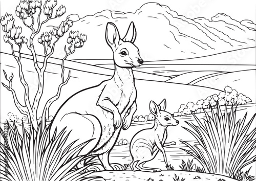 Baby kangaroo with it's mother coloring page, sketch book