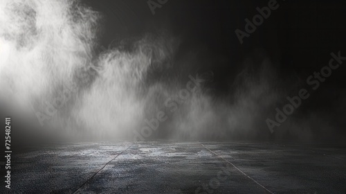Abstract image of dark room concrete floor. Black room or stage background for product placement.Panoramic view of the abstract fog. White cloudiness, mist or smog moves on black background.    photo