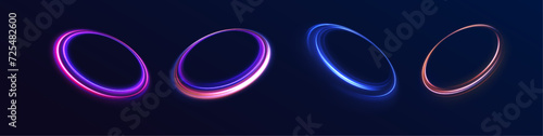 Set of speed lines in circle shape of neon colors for your design. Curve light effect of blue line. Luminous blue circle. 