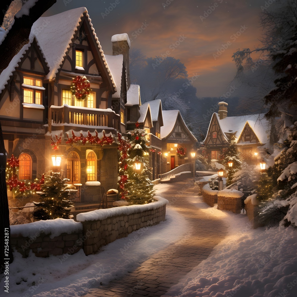 Winter night in the village. Christmas in the village. Christmas and New Year.