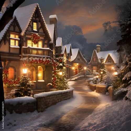 Winter night in the village. Christmas in the village. Christmas and New Year.