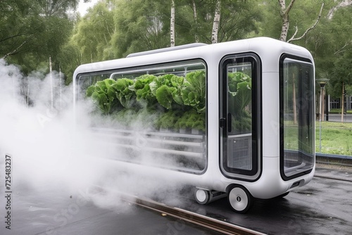 Mobile Greenhouse Bus in Urban Environment. A futuristic mobile greenhouse bus growing lettuce in an urban setting, showcasing mobile urban farming solutions.