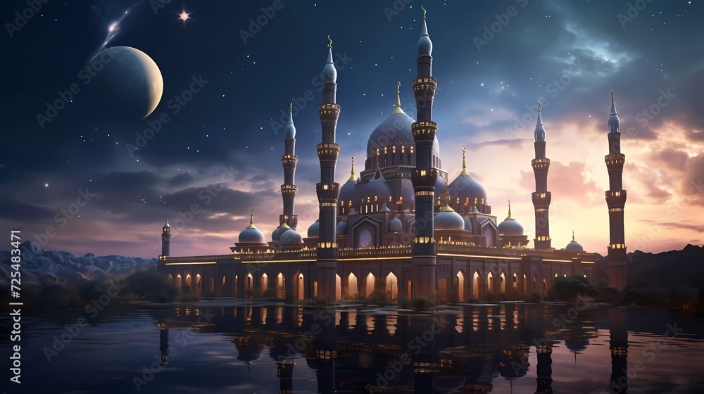 Beautiful and amazing mosque with Ramadan crescent moon in the sky. generative ai