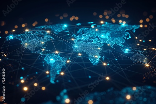 Captivating abstract world map highlighting the seamless interconnectedness and flow of global data transfer, symbolizing cyber tech and international exchange.