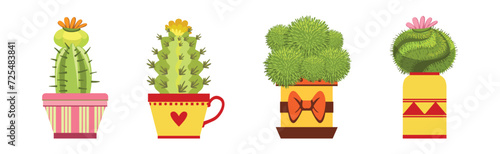 Green Spiky Cactus Plant Growing in Ornamental Ceramic Pot Vector Set