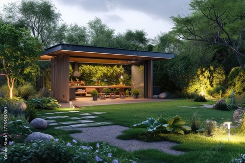 Luxurious Outdoor Kitchen Pavilion in Lush Garden. A luxurious outdoor kitchen pavilion set in a lush garden, with state-of-the-art amenities for an exceptional al fresco dining experience. 