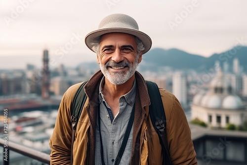 Portrait of a happy senior man with hat in Hong Kong city