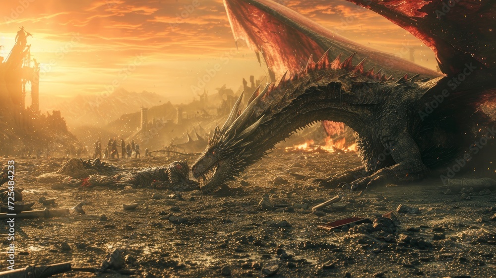 Cinematic, photo capturing the poignant moment of a dragon's demise in a medieval setting. The dragon, once majestic and powerful, is now lying defeated on a rugged battlefield, - obrazy, fototapety, plakaty 