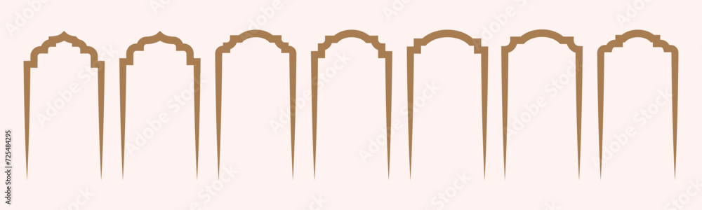 Set of vector Islamic door and window shapes. Arabic vintage arch windows and doors in traditional silhouettes. Oriental architecture elements template of eastern door. Vector illustration Set of vector Islamic door and window shapes. Arabic vintage arch windows and doors in traditional silhouettes. Oriental architecture elements template of eastern door. Vector illustration