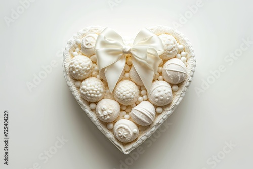 Elegant heart-shaped box filled with an assortment of white confections and adorned with a satin bow