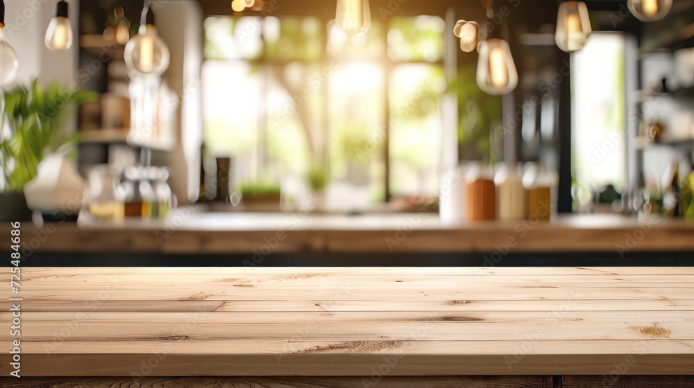 Empty beautiful wood table top counter and blur bokeh modern kitchen interior background in clean and bright,Banner, Ready for product montage   