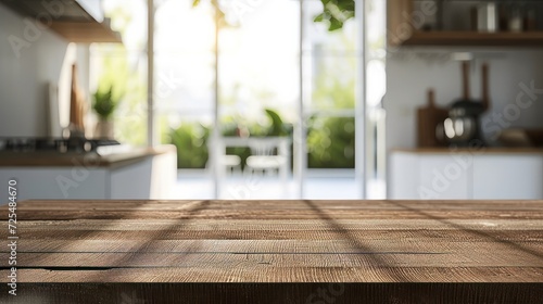 Empty Beautiful wood table top and blur bokeh modern kitchen interior background in clean and bright, Ready for product montage 