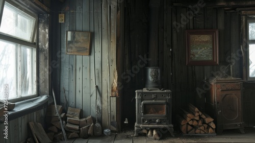 Fragment of the interior of a country house. The iron furnace is heated. There is wood near the stove. It's dark outside the window.    © Emil