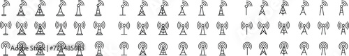 Antenna line icon set. Radio antenna black linear vector isolated on transparent background. Radio tower. Communication towers outline collection. Transmitter receiver wireless signal. Easily editable