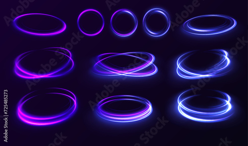 Set of neon blurry light circles at motion . Vector swirl trail effect. Abstract vector fire circles, sparkling swirls and energy light spiral frames. 